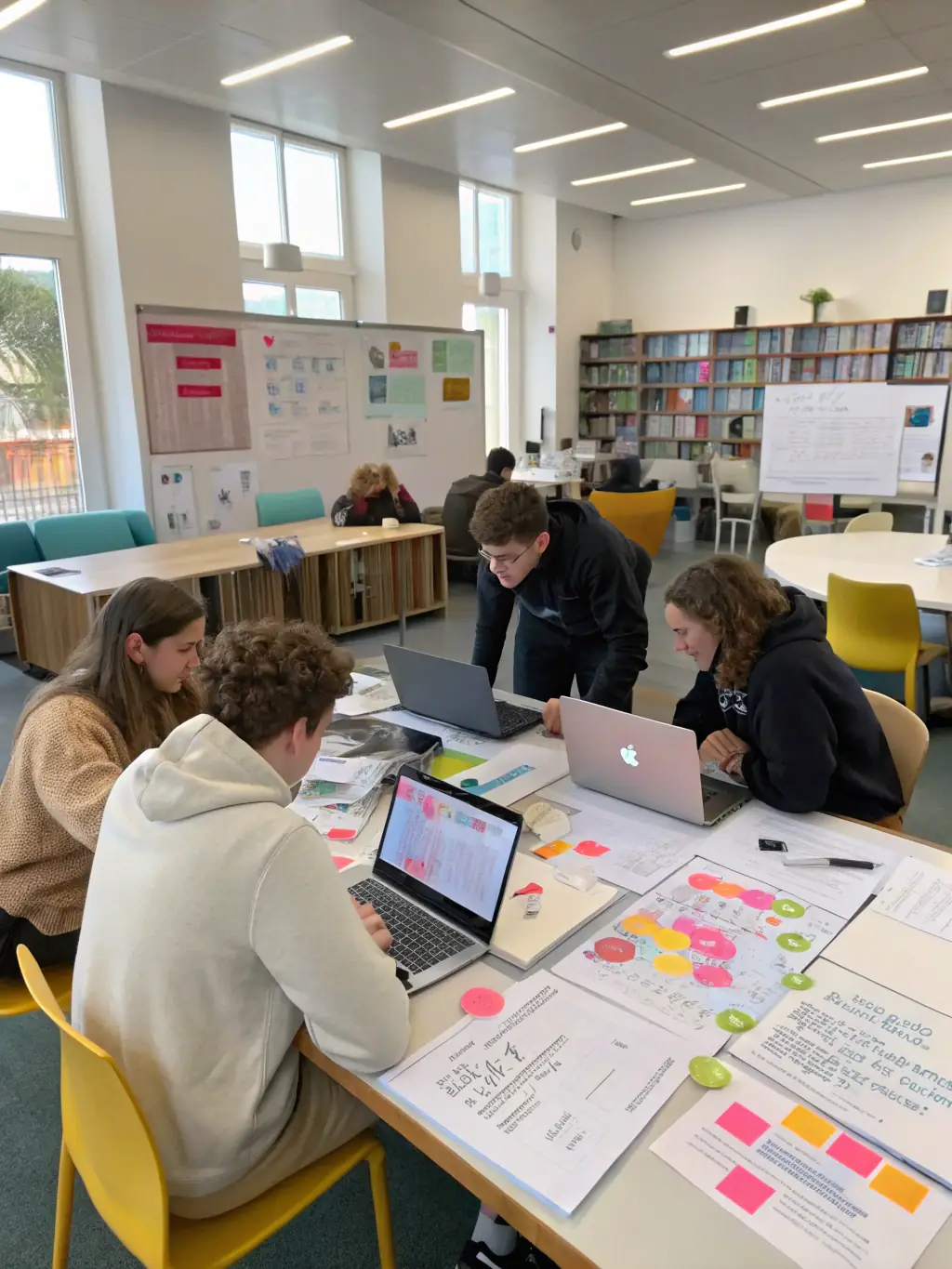 A group of students collaborating on a social media marketing campaign, using various devices and platforms, in a modern Stell Tech Academy setting.