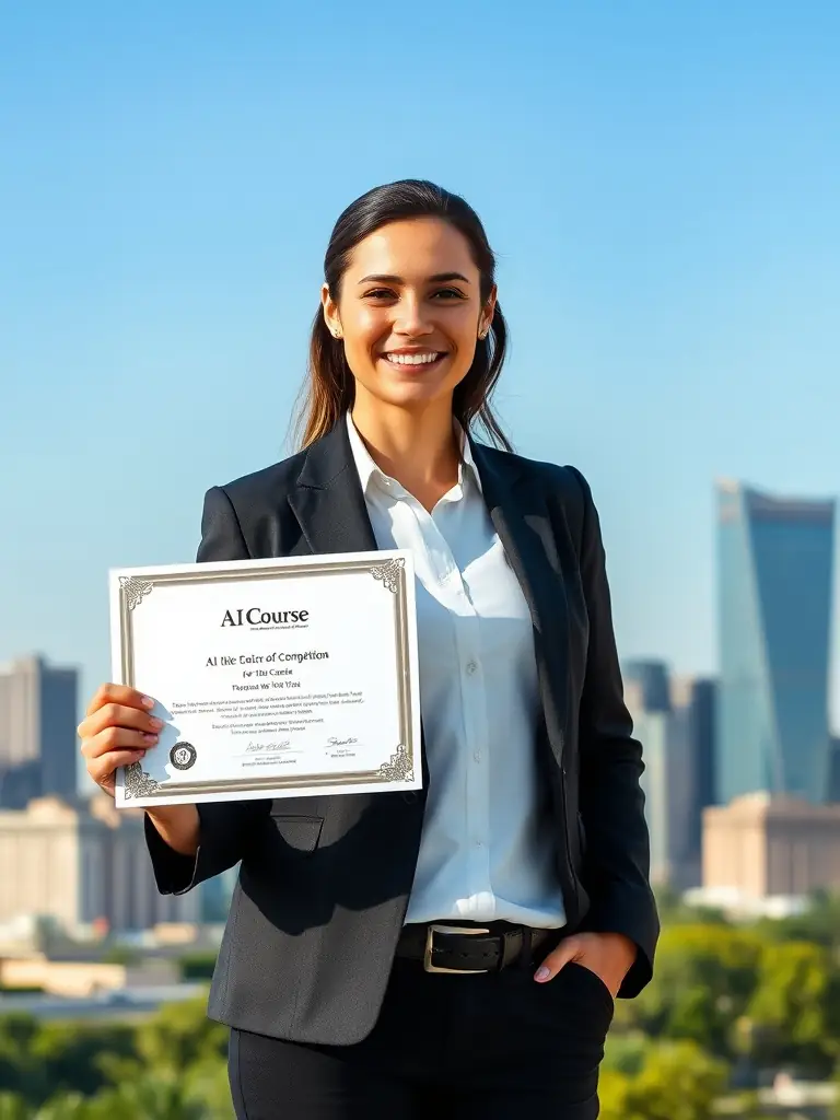 A professional showcasing a certificate of completion for the 'Comprehensive Digital Marketing Course' at Stell Tech Academy, smiling confidently in a modern office setting.