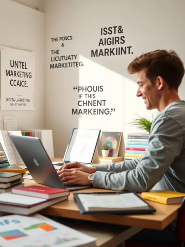 A focused student intently studying SEO techniques on a laptop, surrounded by digital marketing resources, in a Stell Tech Academy classroom.