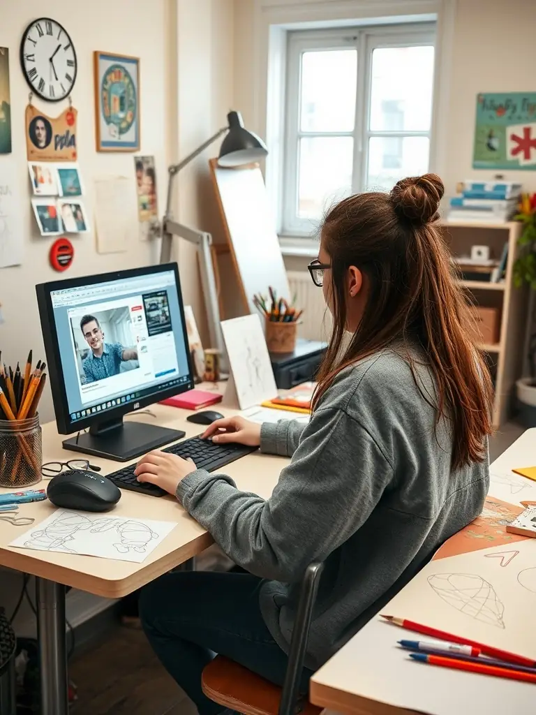 A student creating compelling content for a digital marketing campaign, using creative tools and software, in a Stell Tech Academy content creation studio.