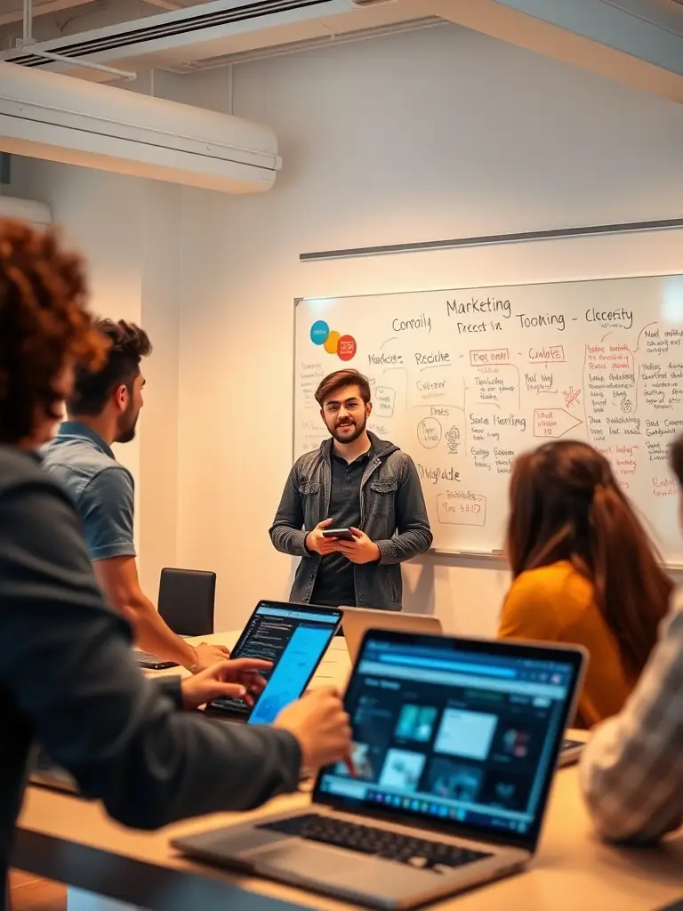 A group of students actively participating in a 'Social Media Marketing Workshop' at Stell Tech Academy, collaborating on campaign strategies.