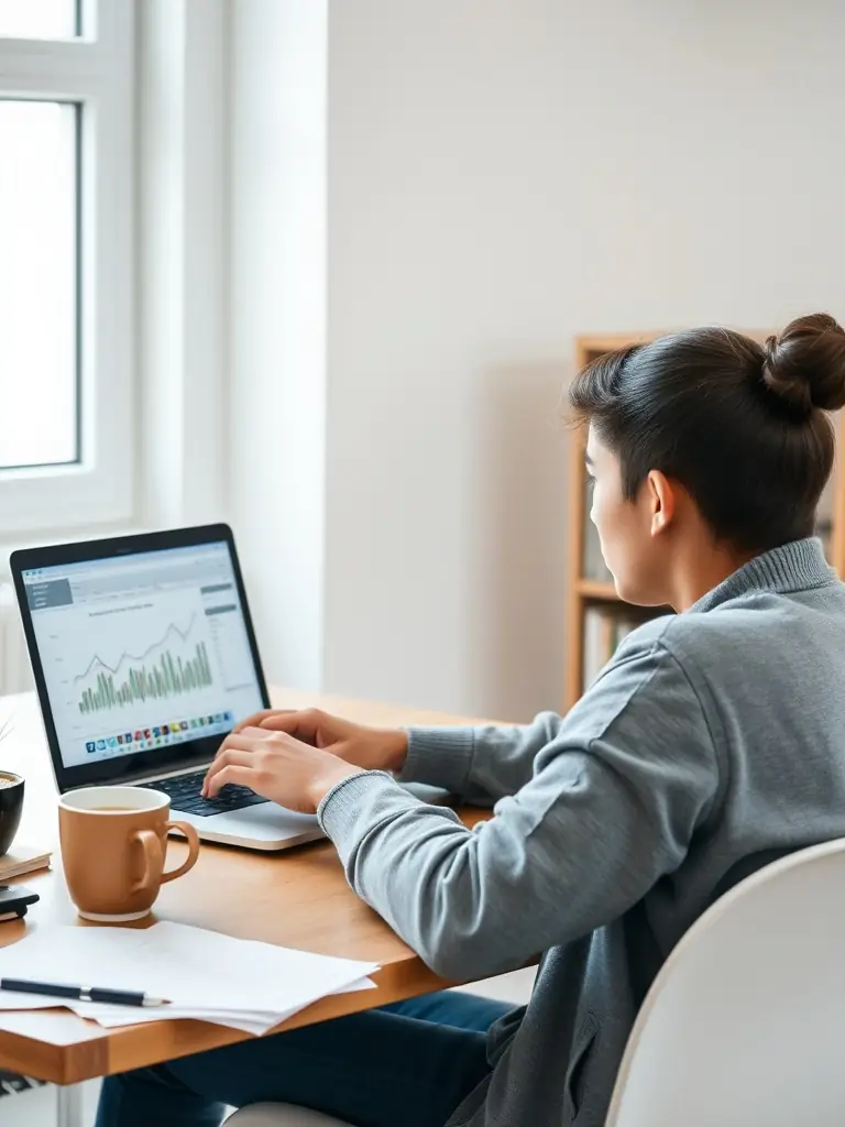 A student working on a laptop, analyzing data with charts and graphs displayed, representing the 'Data Analytics for Marketing' course at Stell Tech Academy.